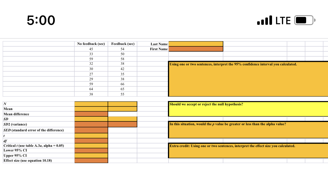 5:00 Coll LTE No feedback (sec) Feedback (sec) Last Name 45