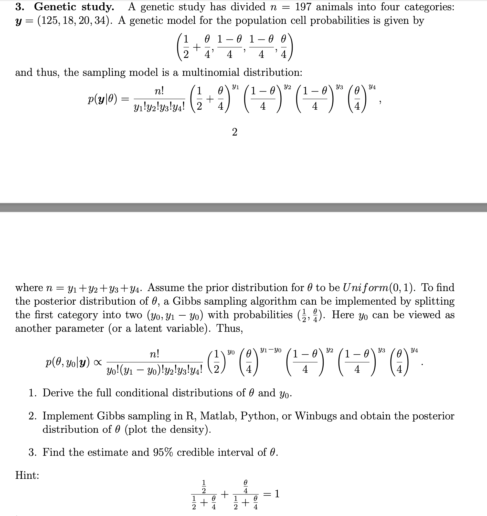 animals into four categories: y = (125, 18, 20, 34). A genetic