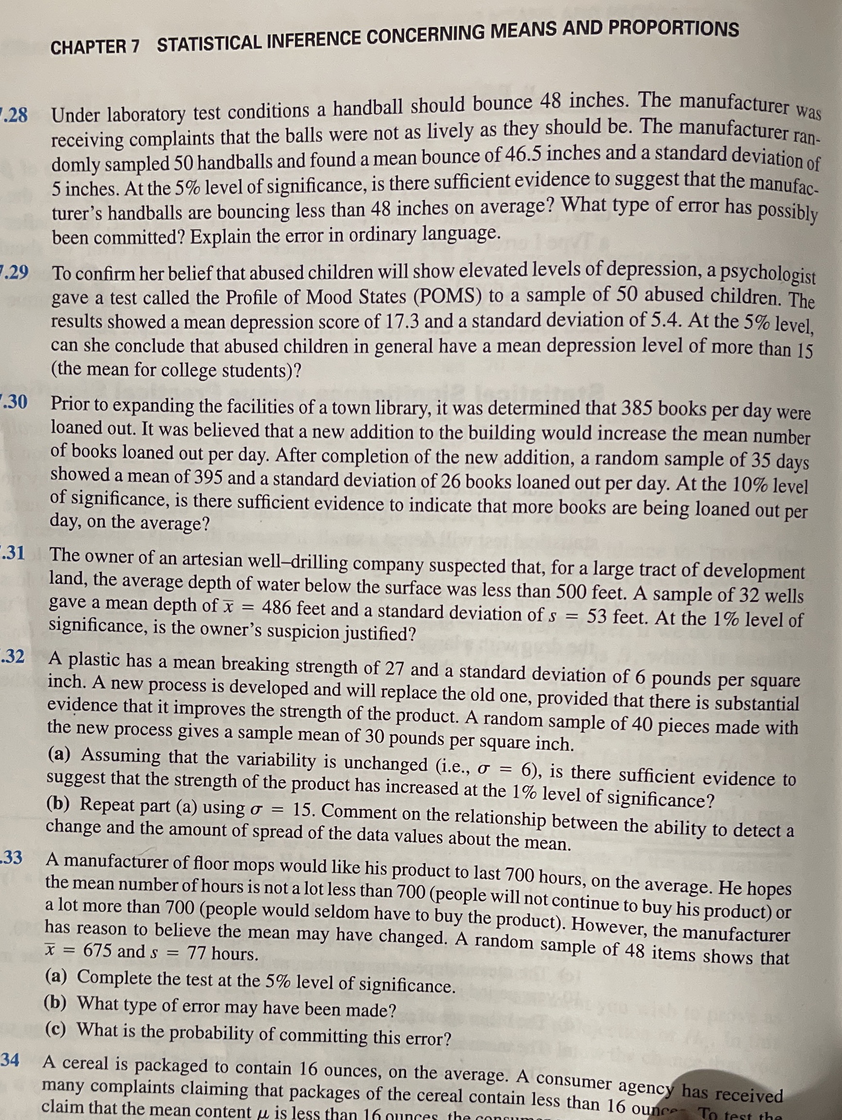 Question 7.31 and 7.33 only CHAPTER 7 STATISTICAL INFERENCE CONCERNING MEANS AND