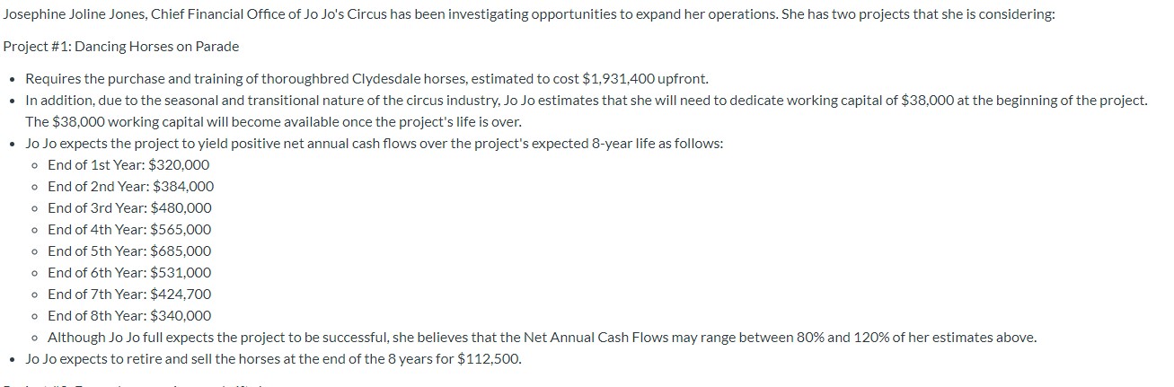 Initial Investment $1,931,400 Working Capital $38,000 Salvage Value Expected Project Life (Years)