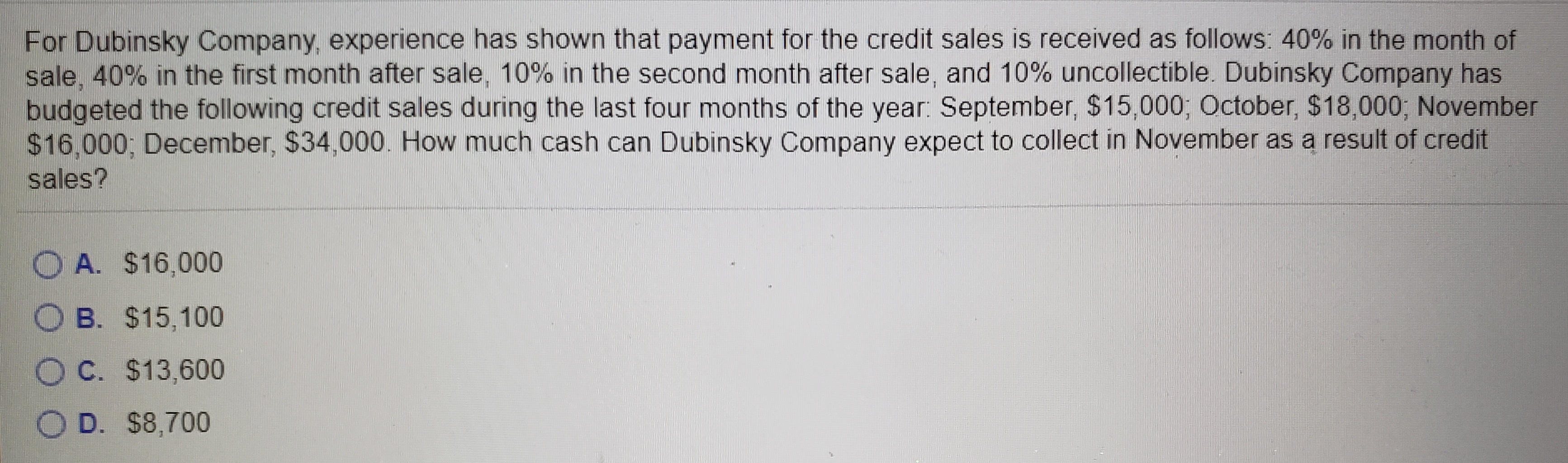 What is the correct answer? For Dubinsky Company, experience has shown that