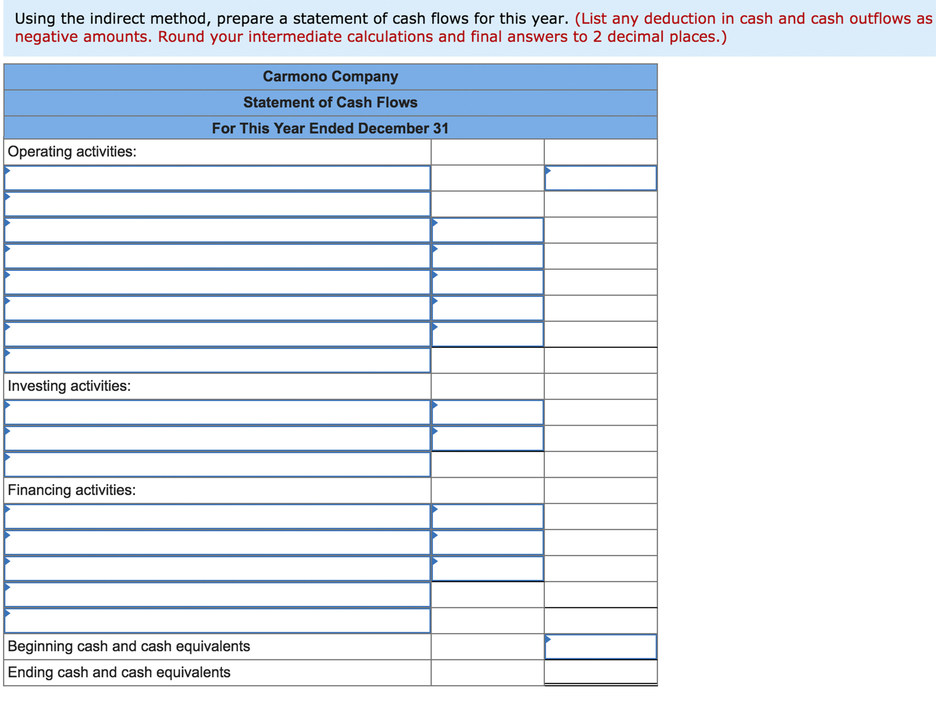 indirect method, prepare a statement of cash ows for this year. (List