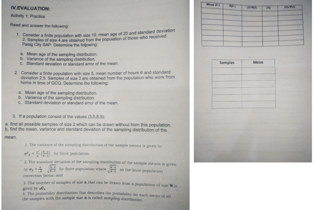 help, pls answer . thank you Mean (X ) PIX ) IV.EVALUATION: