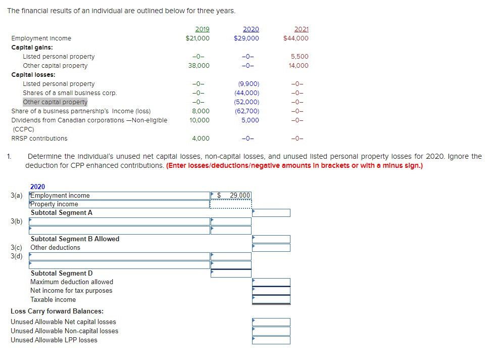 an individual are outlined below for three years. 2019 2020 2021 Employment