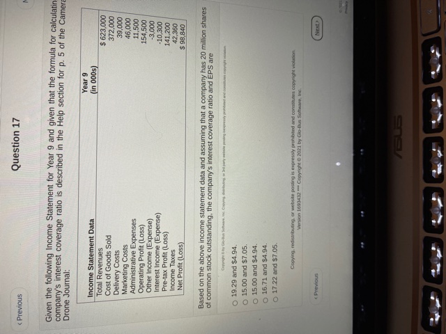 < Previous Question 17 M Given the following Income Statement for Year