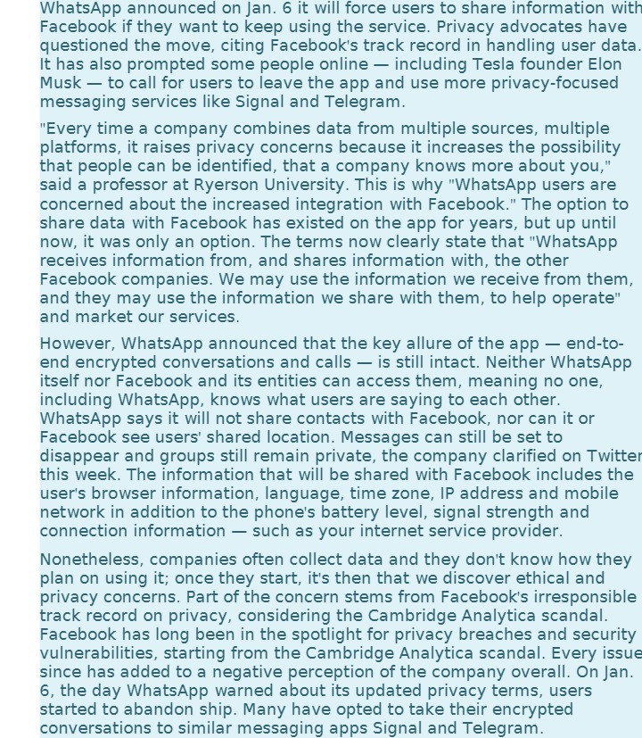 information with Facebook if they want to keep using the service. Privacy