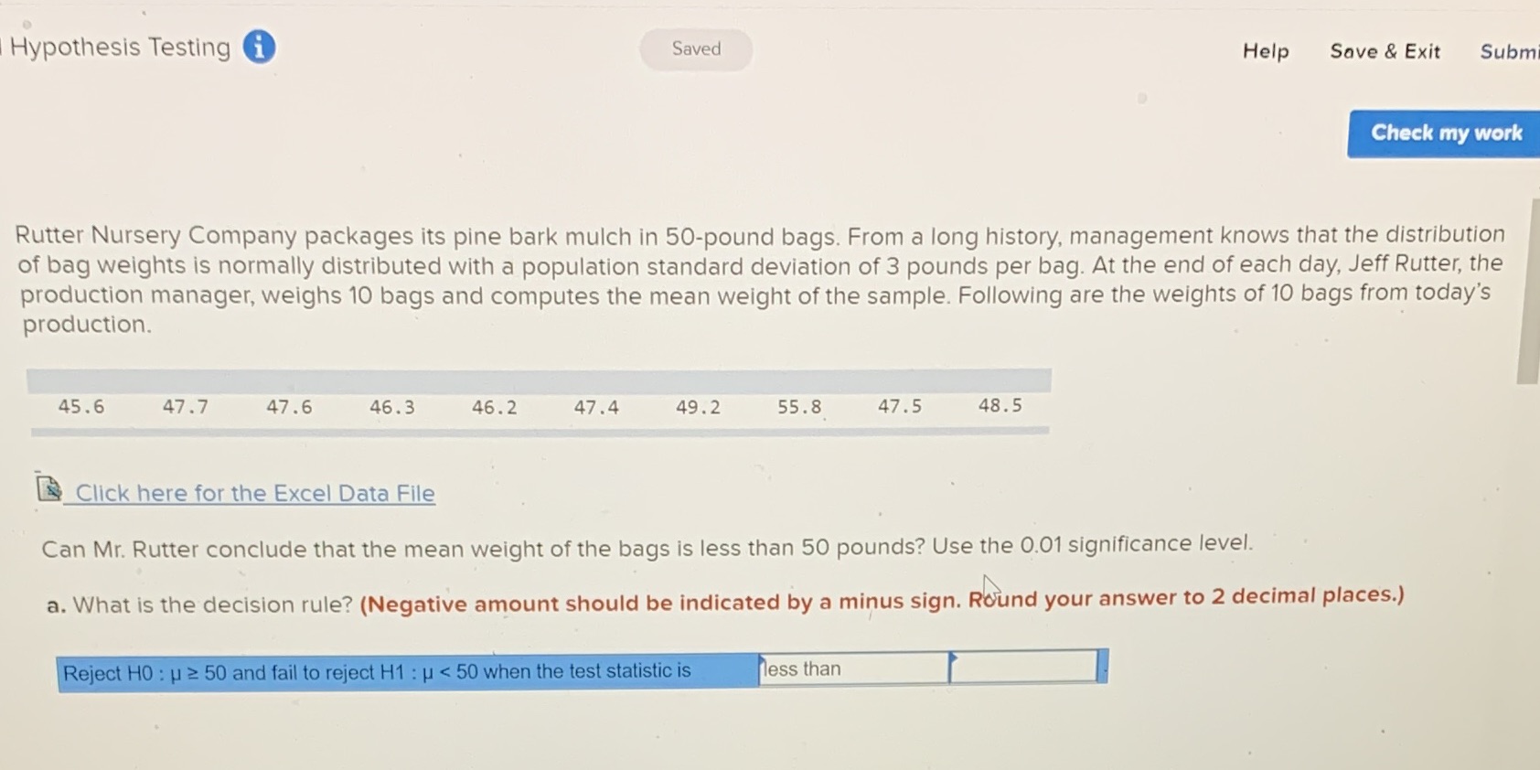  Hypothesis Testing i Saved Help Save & Exit Submi Check my