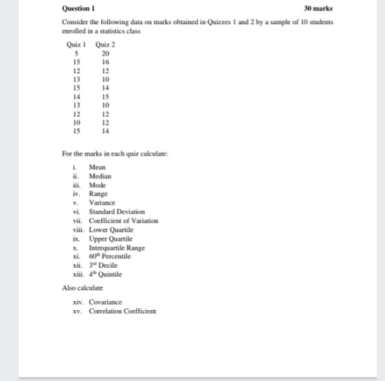 statistics Question 1 30 marks Consider the following data on marks obtained