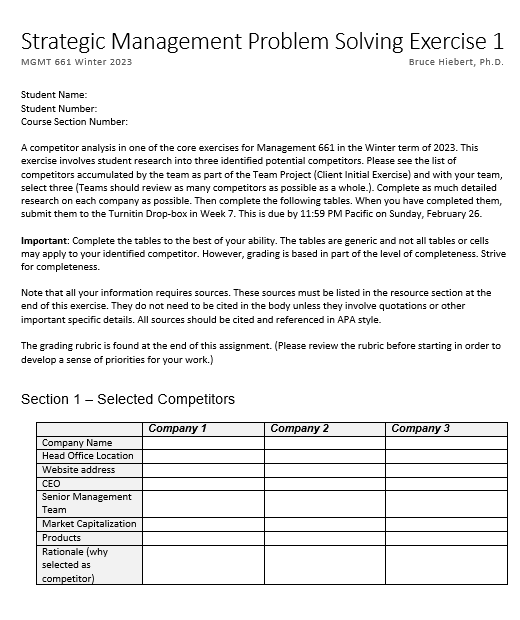 Strategic Management Problem Solving Exercise 1 MGMT 661 Winter 2023 Bruce