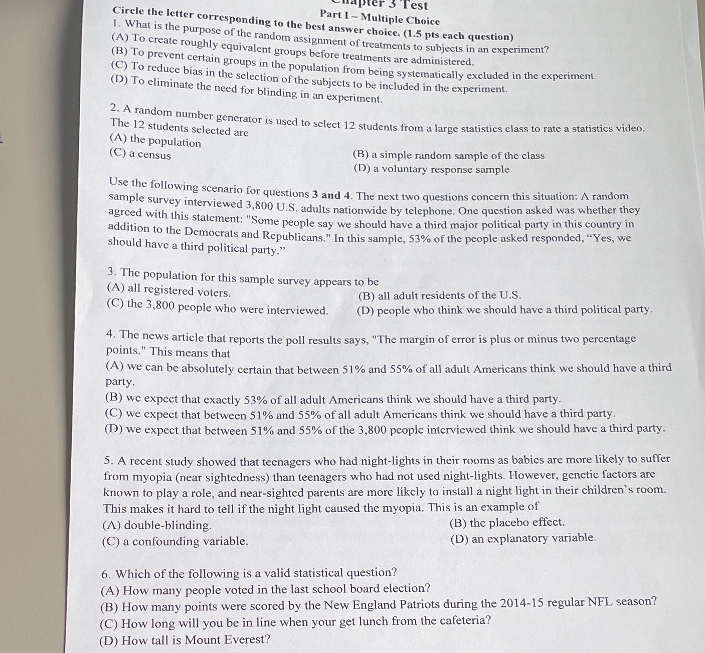 3 Test Part I - Multiple Choice Circle the letter corresponding