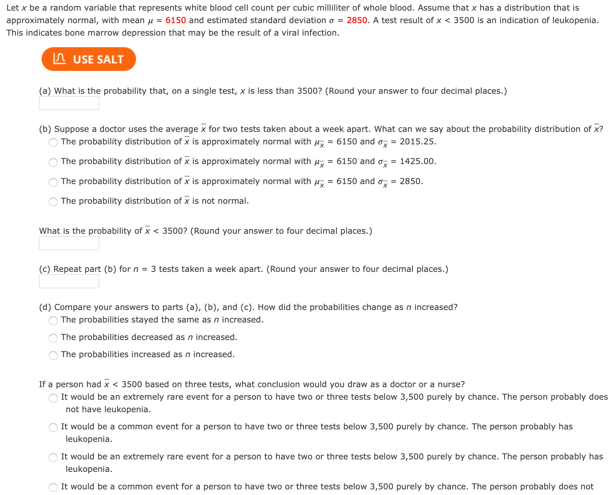 Let x be a random variable that represents white blood cell