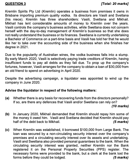  QUESTION 3 [Total: 20 marks] Kremlin Spirits Pty Ltd (Kremlin) operates