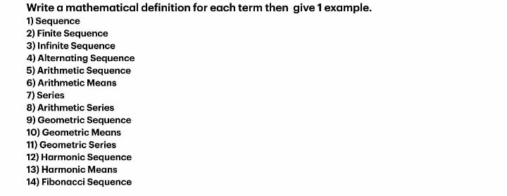 Write a mathematical definition for each term then give 1 example.