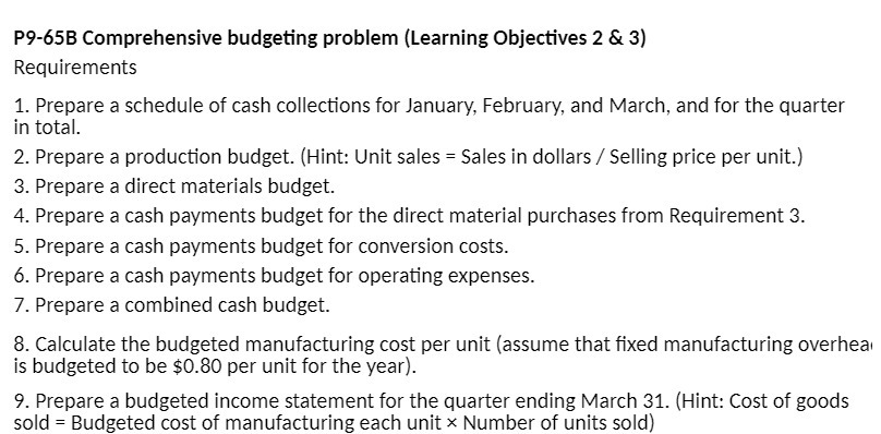 P9-65B Comprehensive budgeting problem (Learning Objectives 2 & 3) Requirements 1.