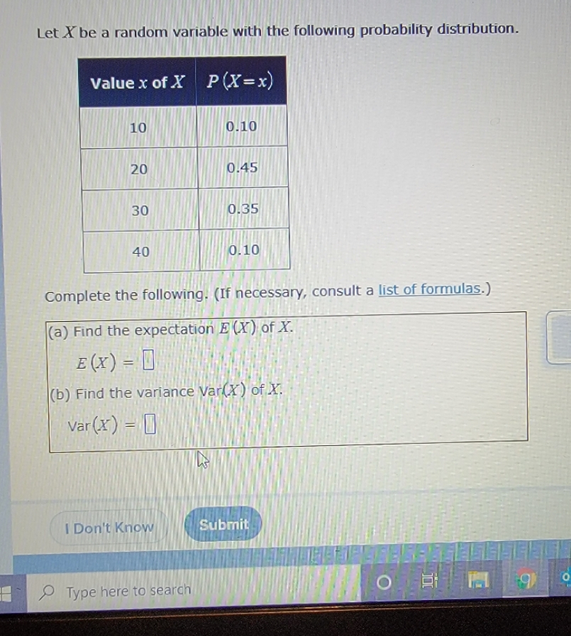 probability distribution Let X be a random variable with the following probability