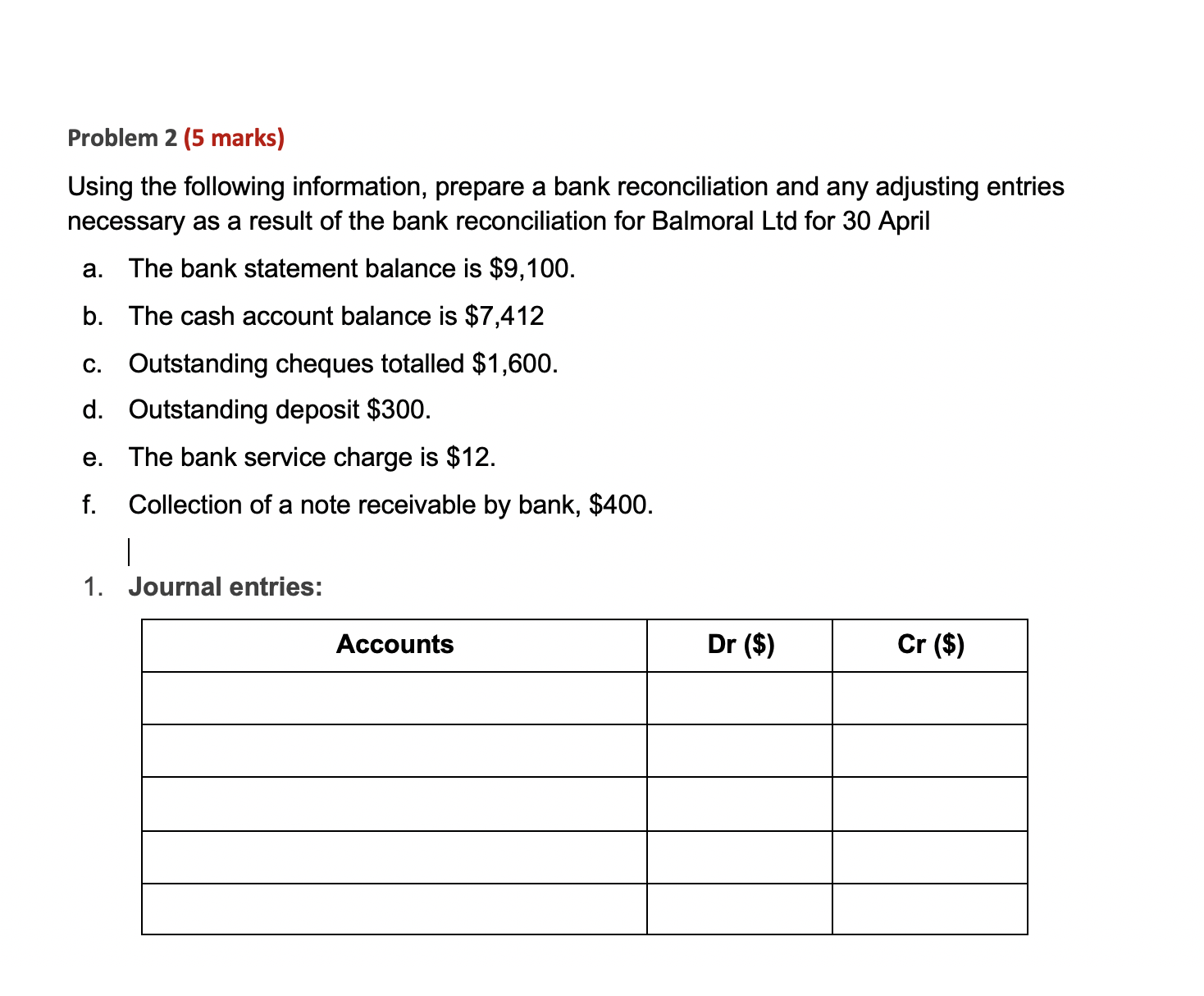  Problem 2 (5 marks) Using the following information, prepare a bank
