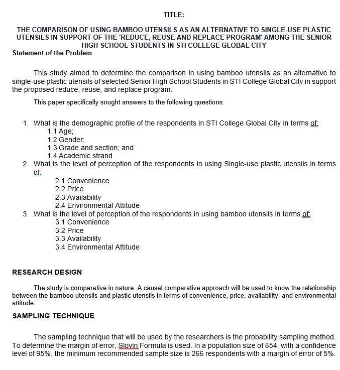 ITS STATEMENT OF THE PROBLEM. TITLE: THE COMPARISON OF U SING BAMBOO