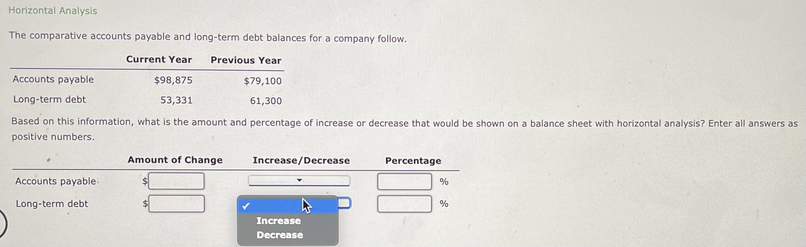 Horizontal Analysis The comparative accounts payable and long-term debt balances for