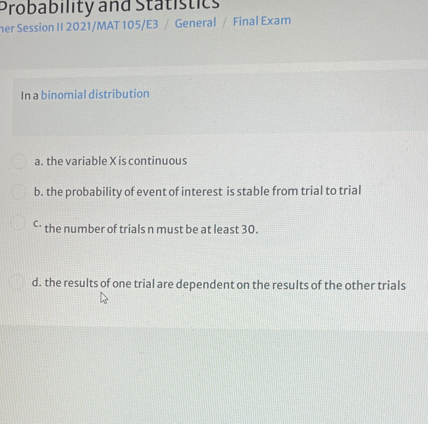 Probability and Statistics her Session II 2021/MAT 105/E3 / General /
