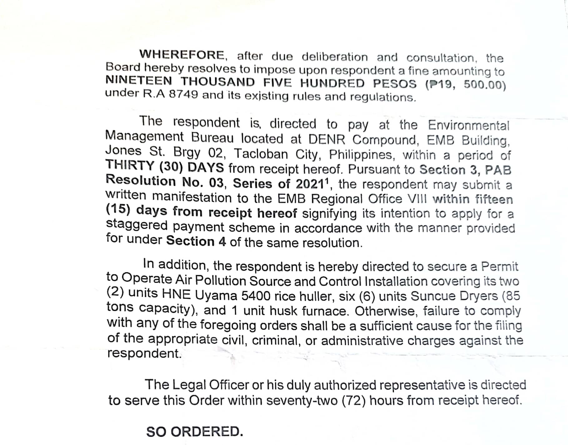 not to pay the violation. ORDER For consideration before the Board is