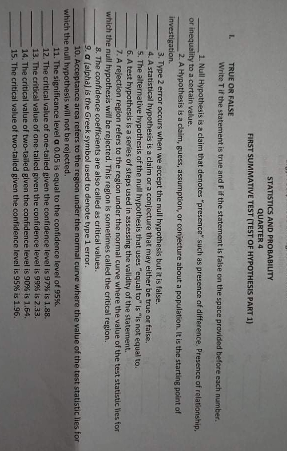 Statistics and probability STATISTICS AND PROBABILITY QUARTER 4 FIRST SUMMATIVE TEST (TEST