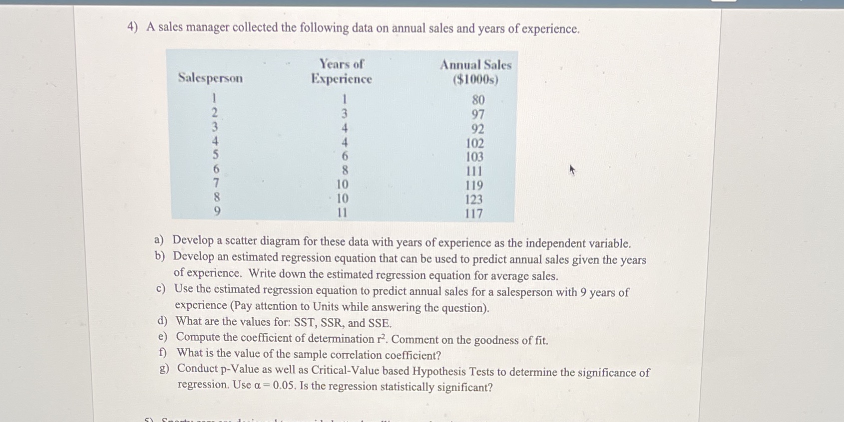 Please use excel functions 4) A sales manager collected the following data