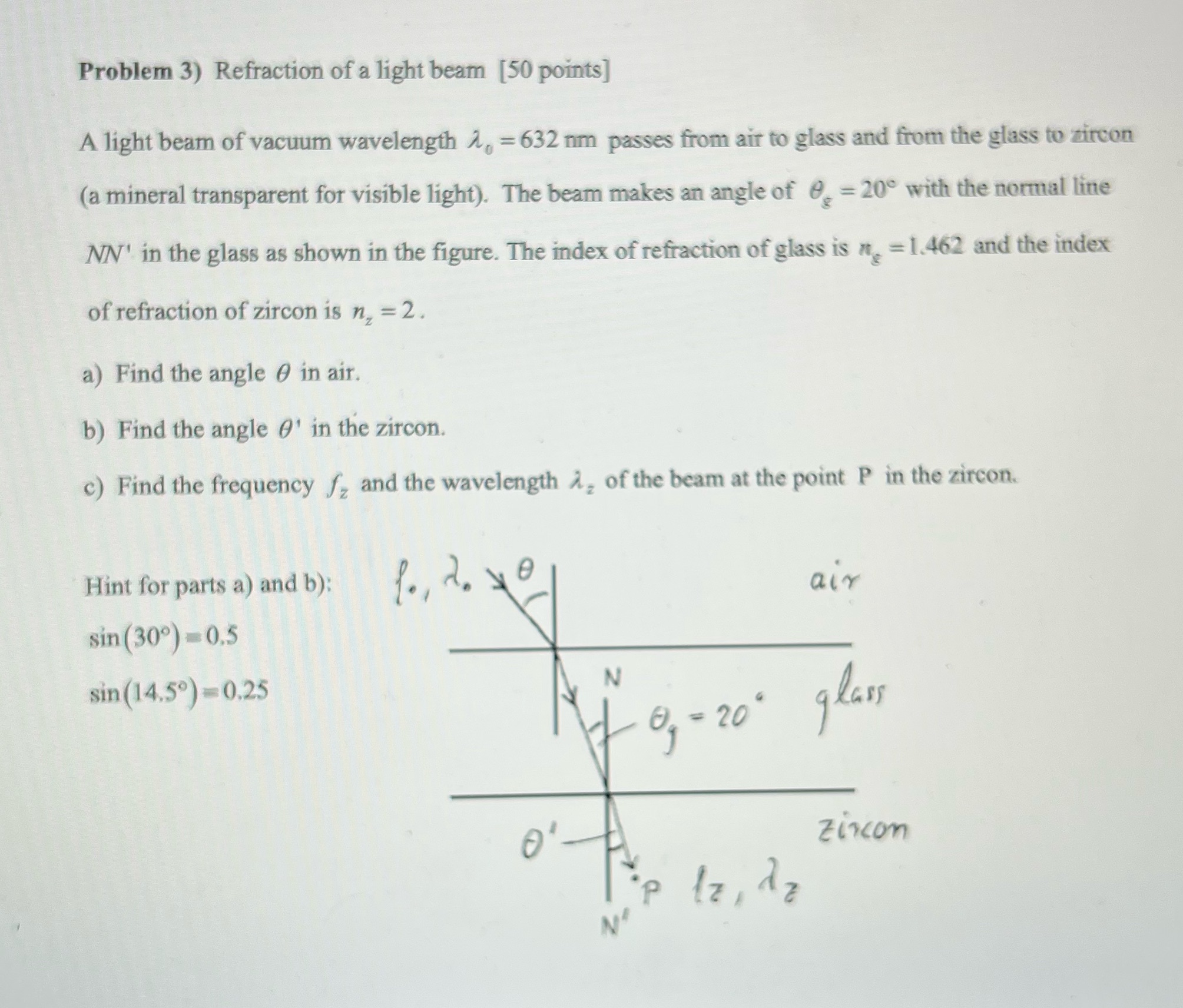 show steps please Problem 3) Refraction of a light beam [50 points]