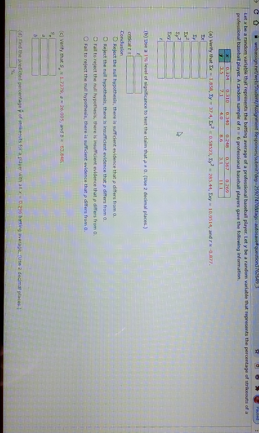 E) find a 99% confidence interval for y when x=0.296. use 2