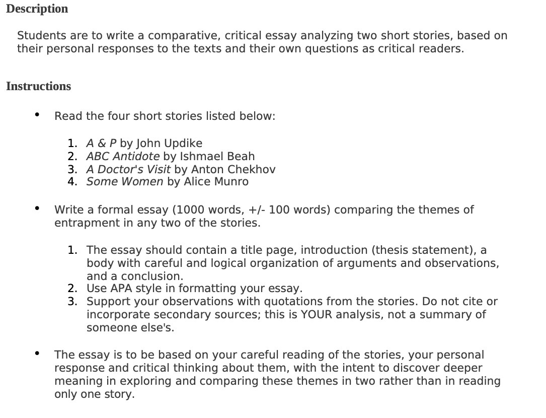 Description Students are to write a comparative, critical essay analyzing two