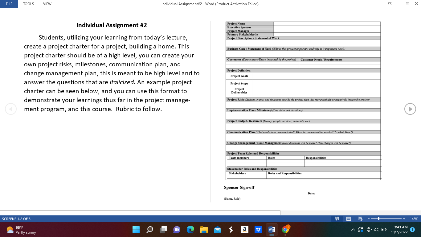 2 X Individual Assignment #2 Project Name Executive Sponsor Project Manager Students,