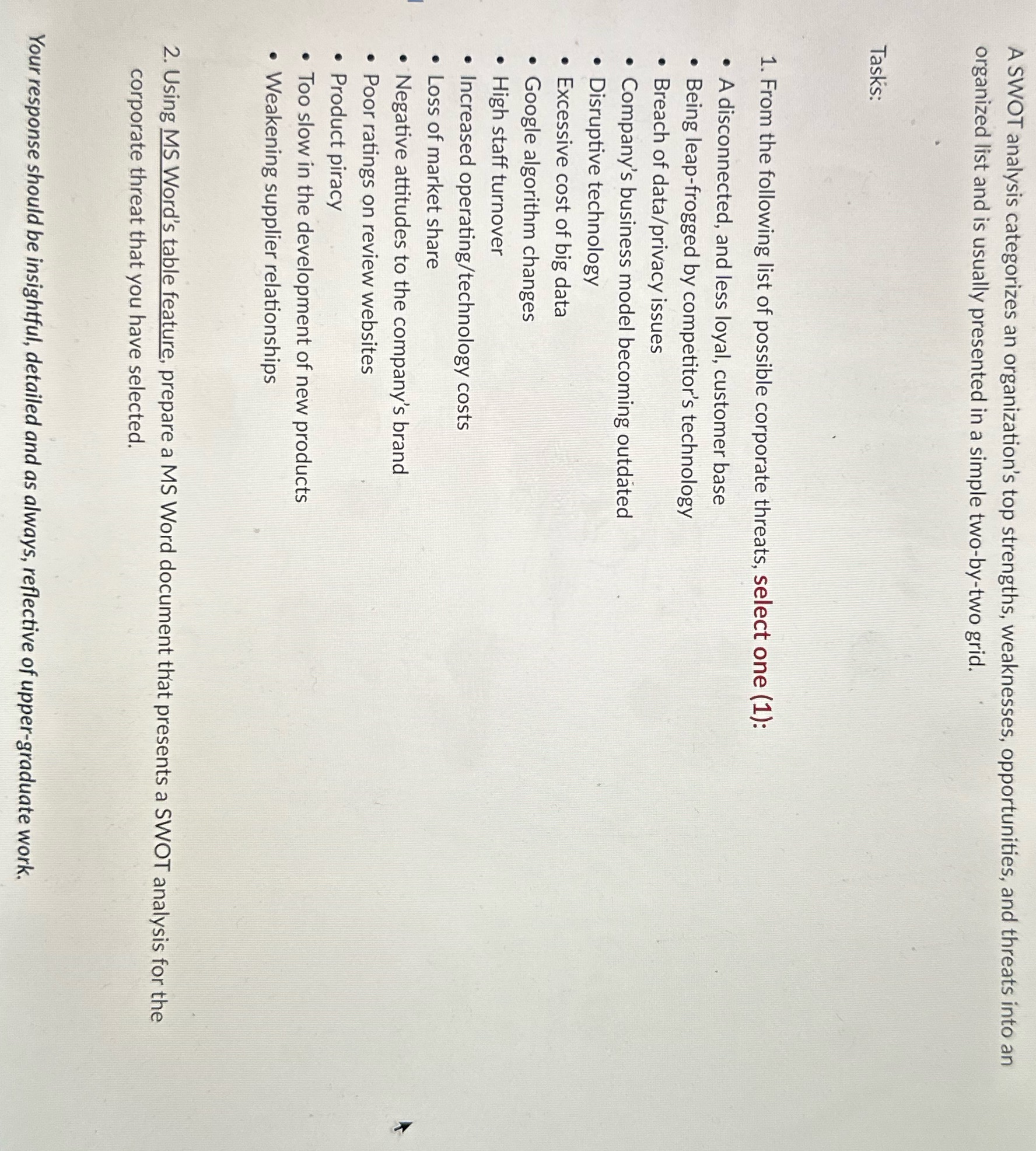 Please select one and explain in that please A SWOT analysis categorizes