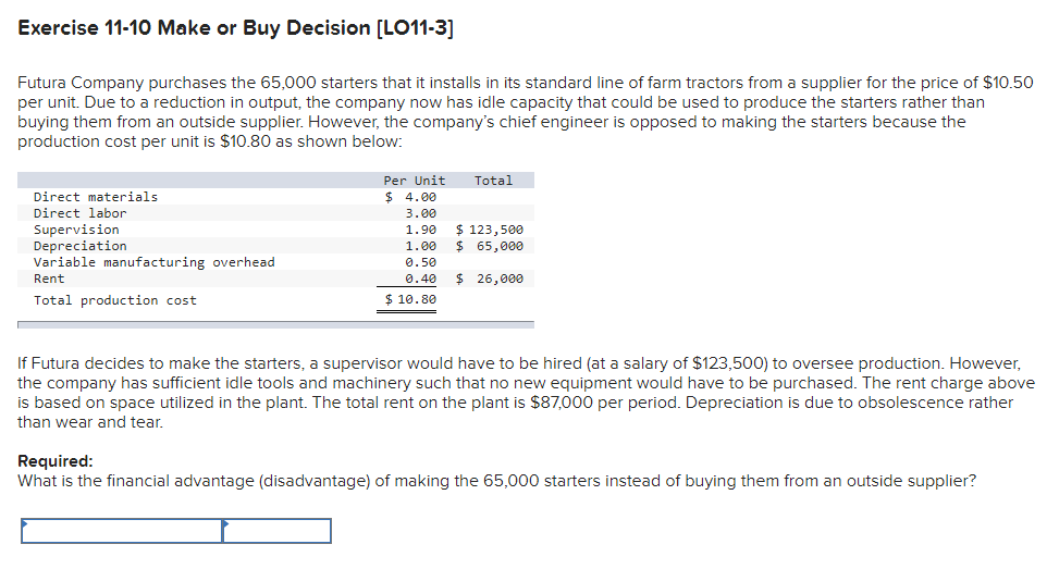 I need help Exercise 11-10 Make or Buy Decision [LO11-3] Futura Company