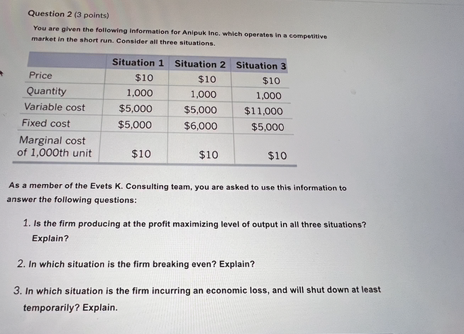 Consider all three situations. Situation 1 Situation 2 Situation 3 Price $10