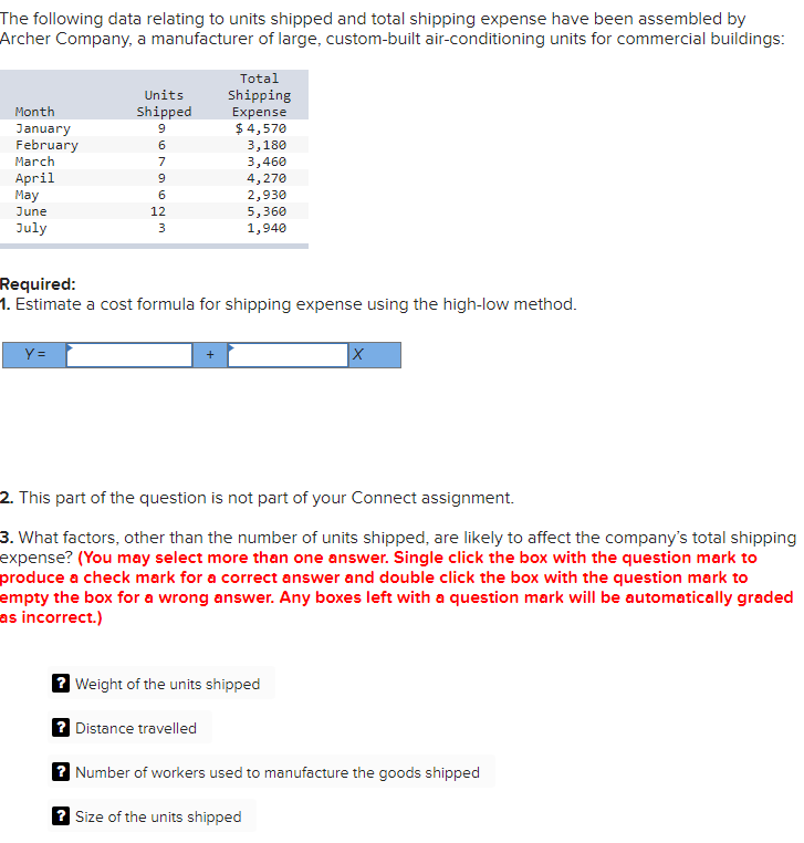 Please Answer the fallowing The following data relating to units shipped and