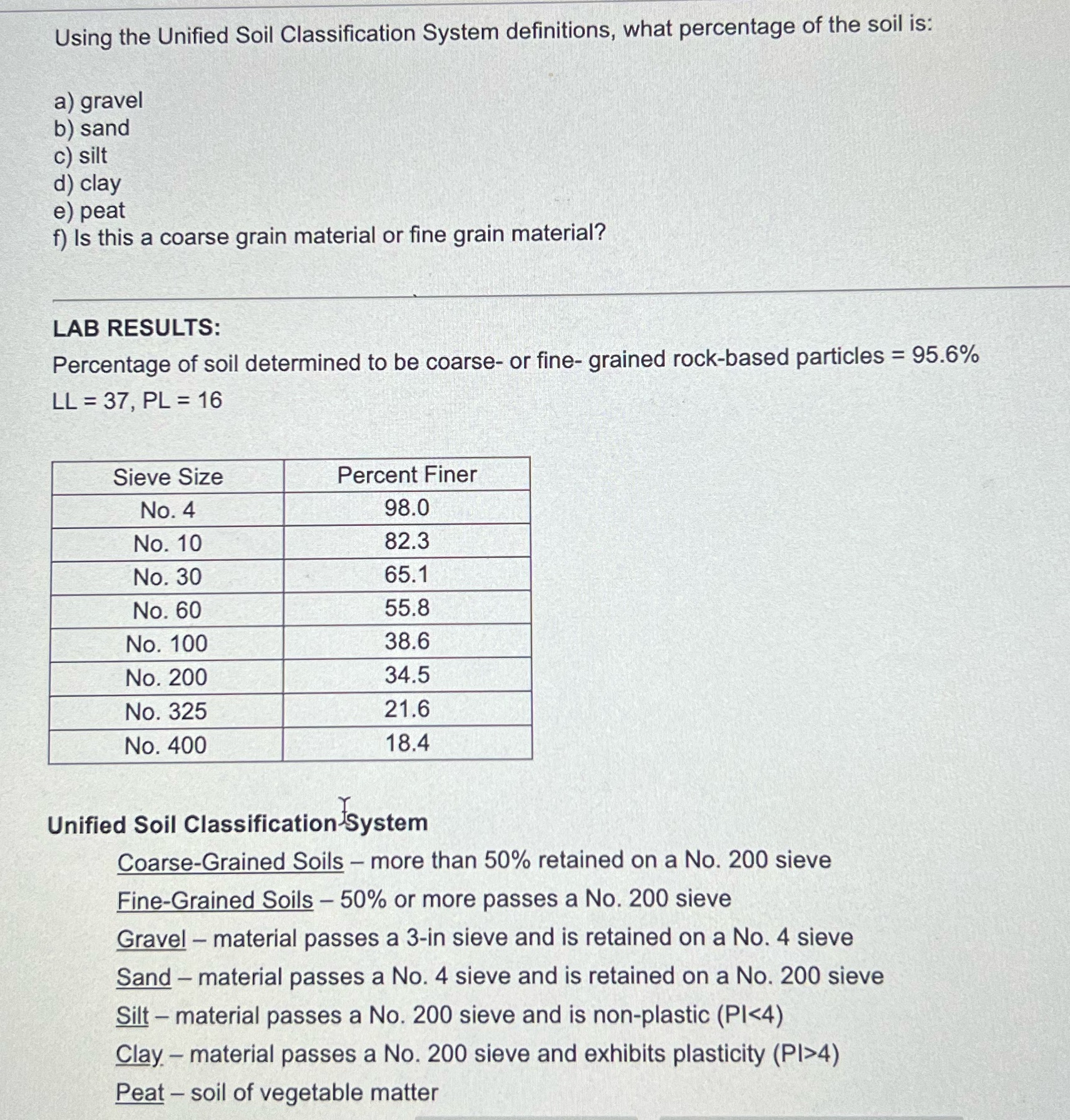 Show all work please Using the Unified Soil Classification System definitions, what