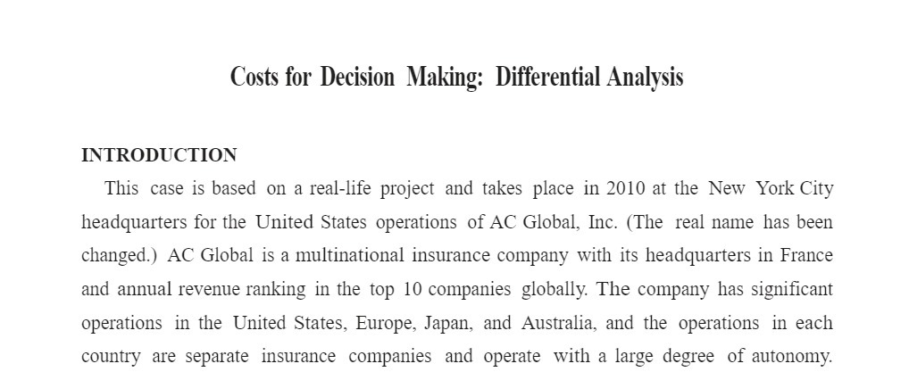 Costs for Decision Making: Differential Analysis INTRODUCTION This case is based