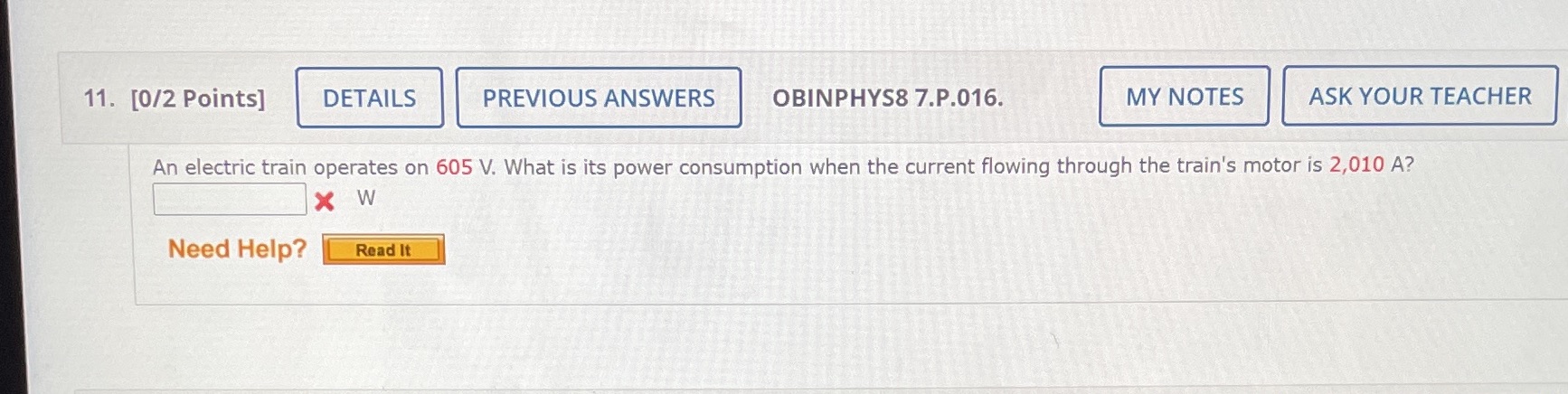  11. [0/2 Points] DETAILS PREVIOUS ANSWERS OBINPHYS8 7.P.016. MY NOTES ASK