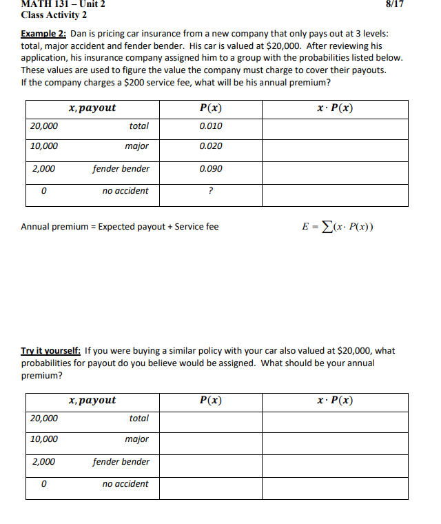  MATH 131 - Unit 2 8/17 Class Activity 2 Example 2: