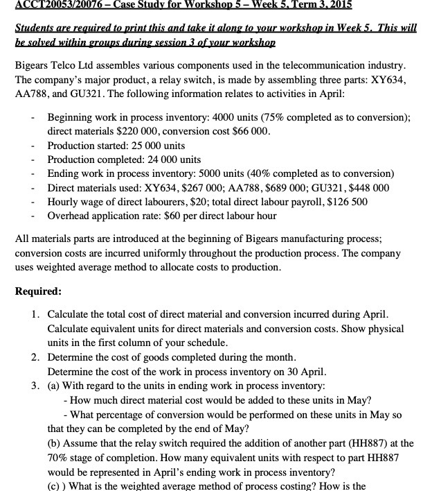  ACCT20053/20076 - Case Study for Workshop 5 - Week 5, Term