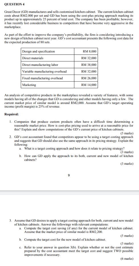 how to compute the target cost saving? QUESTION 4 Great Decor (GD)