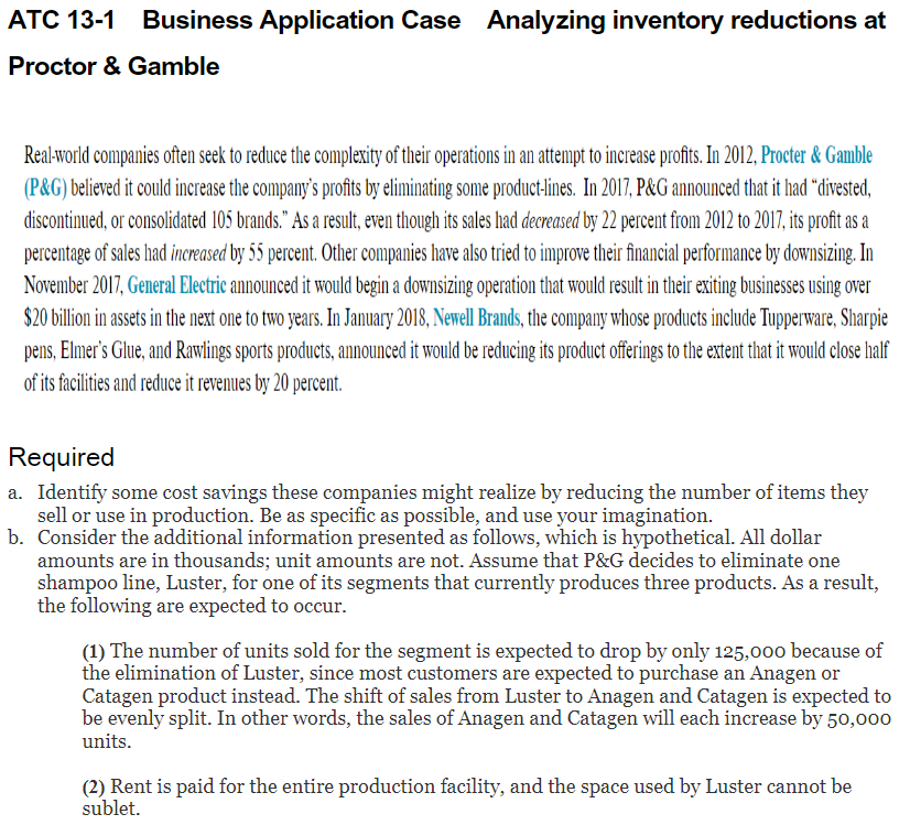 ATC 13-1 Business Application Case Analyzing inventory reductions at Proctor &
