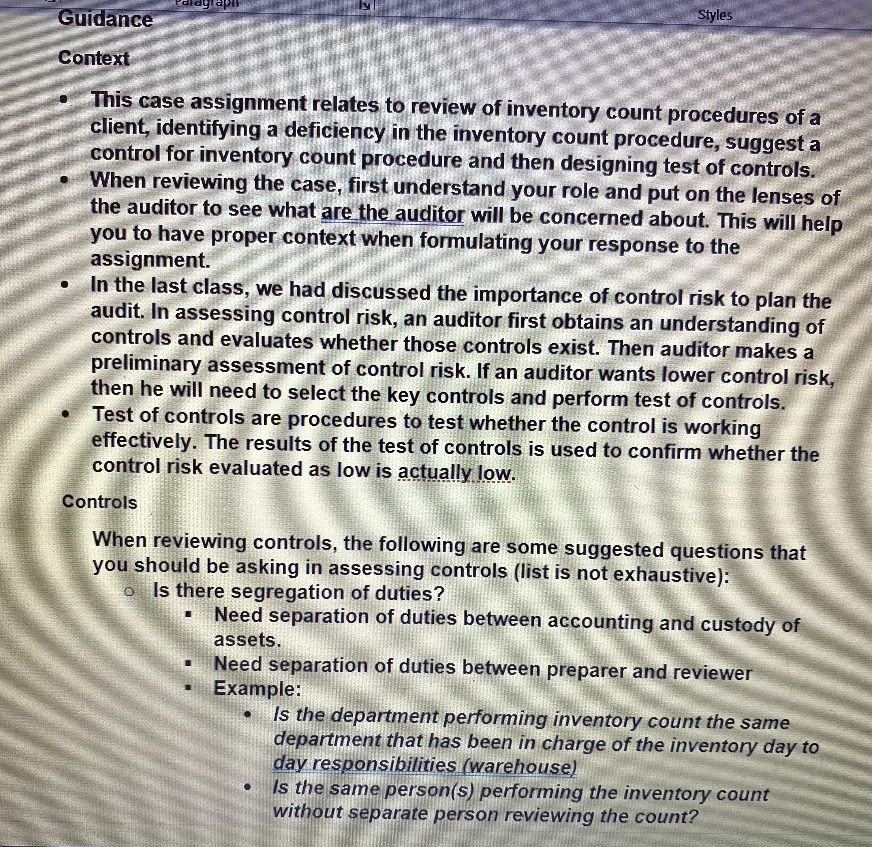 procedures of a client, identifying a deficiency in the inventory count procedure,
