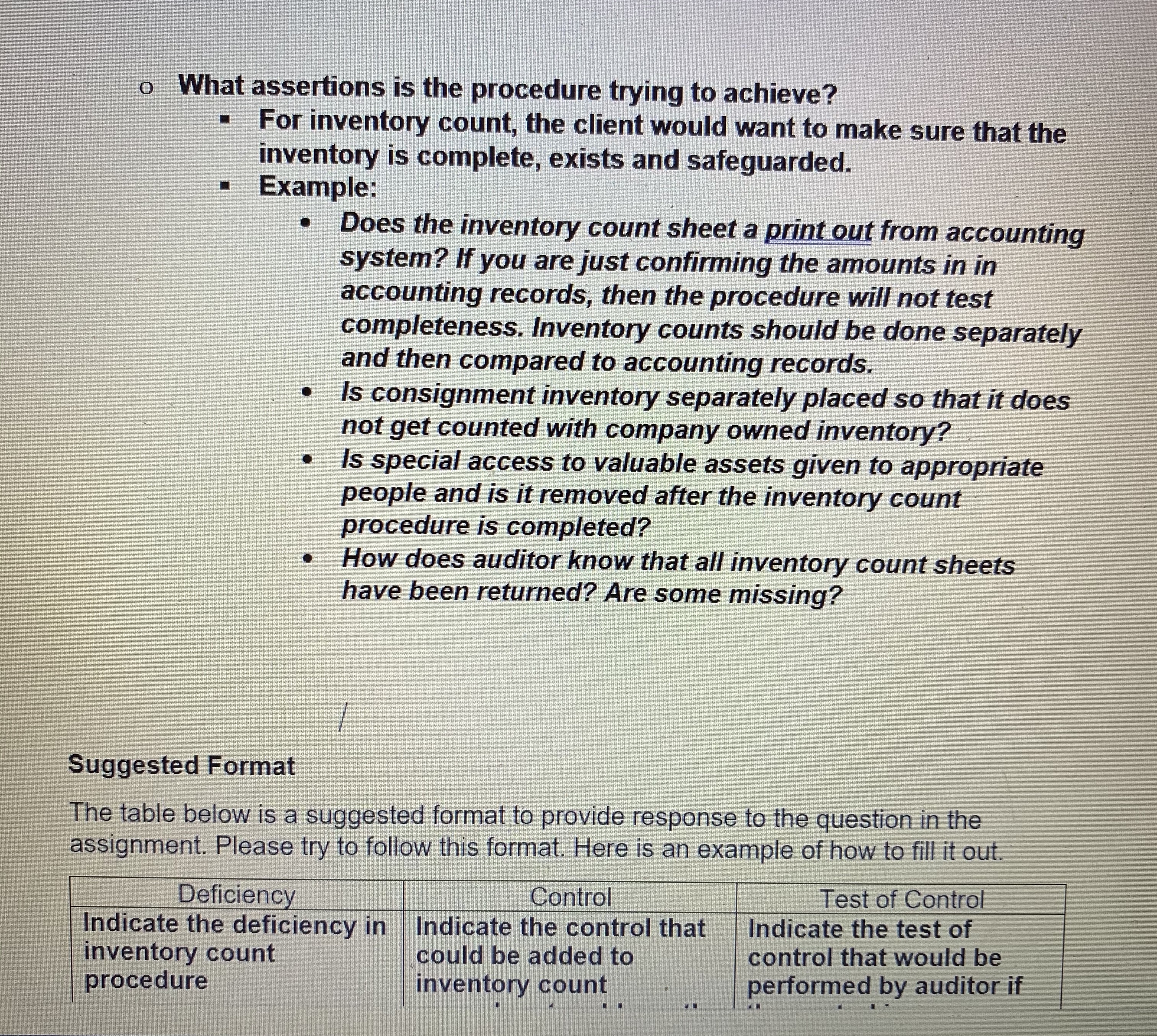 suggest a control for inventory count procedure and then designing test of