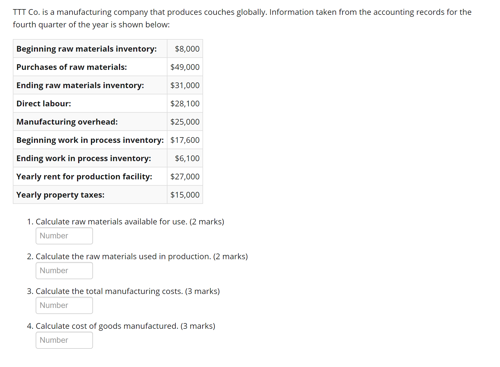 TTT Co. is a manufacturing company that produces couches globally. Information taken