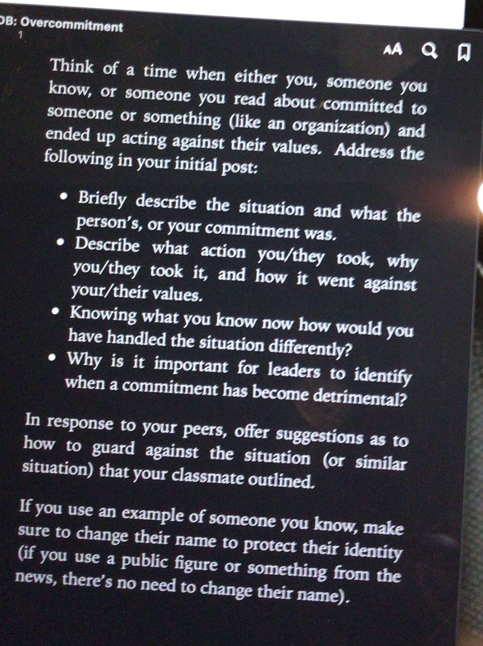  B: Overcommitment AA Q D Think of a time when either