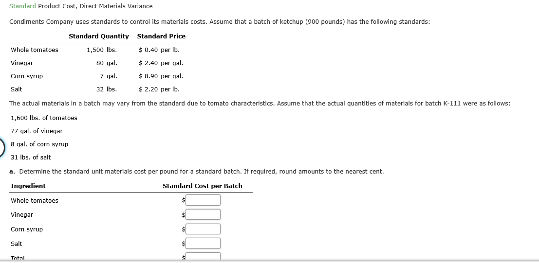 Standard Product Cost, Direct Materials Variance Condiments Company uses standards to control