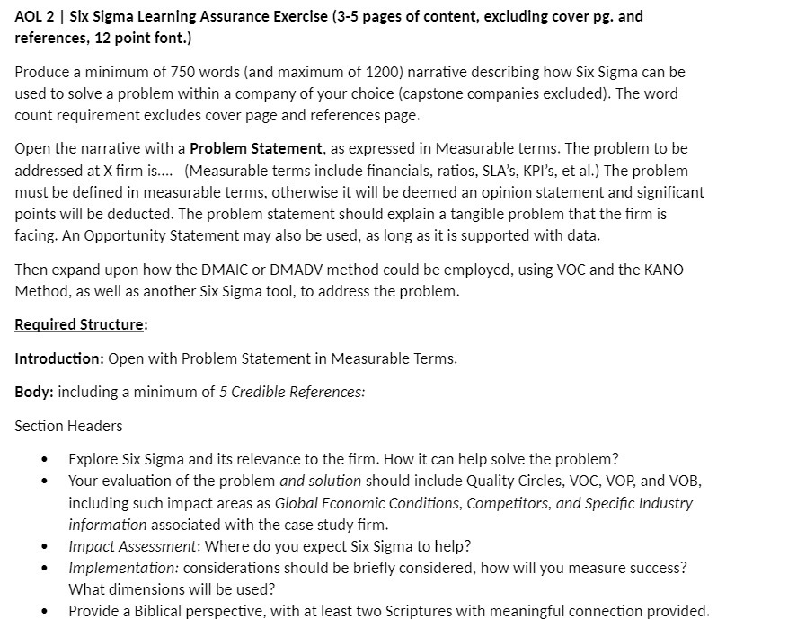 AOL 2 | Six Sigma Learning Assurance Exercise [3-5 pages of