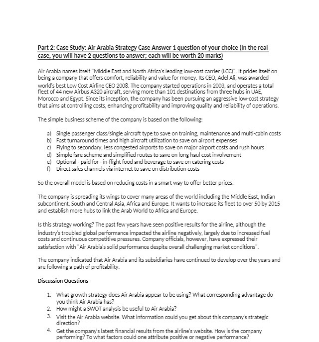Part 2: Case Study: Air Arabia Strategy Case Answer 1 question