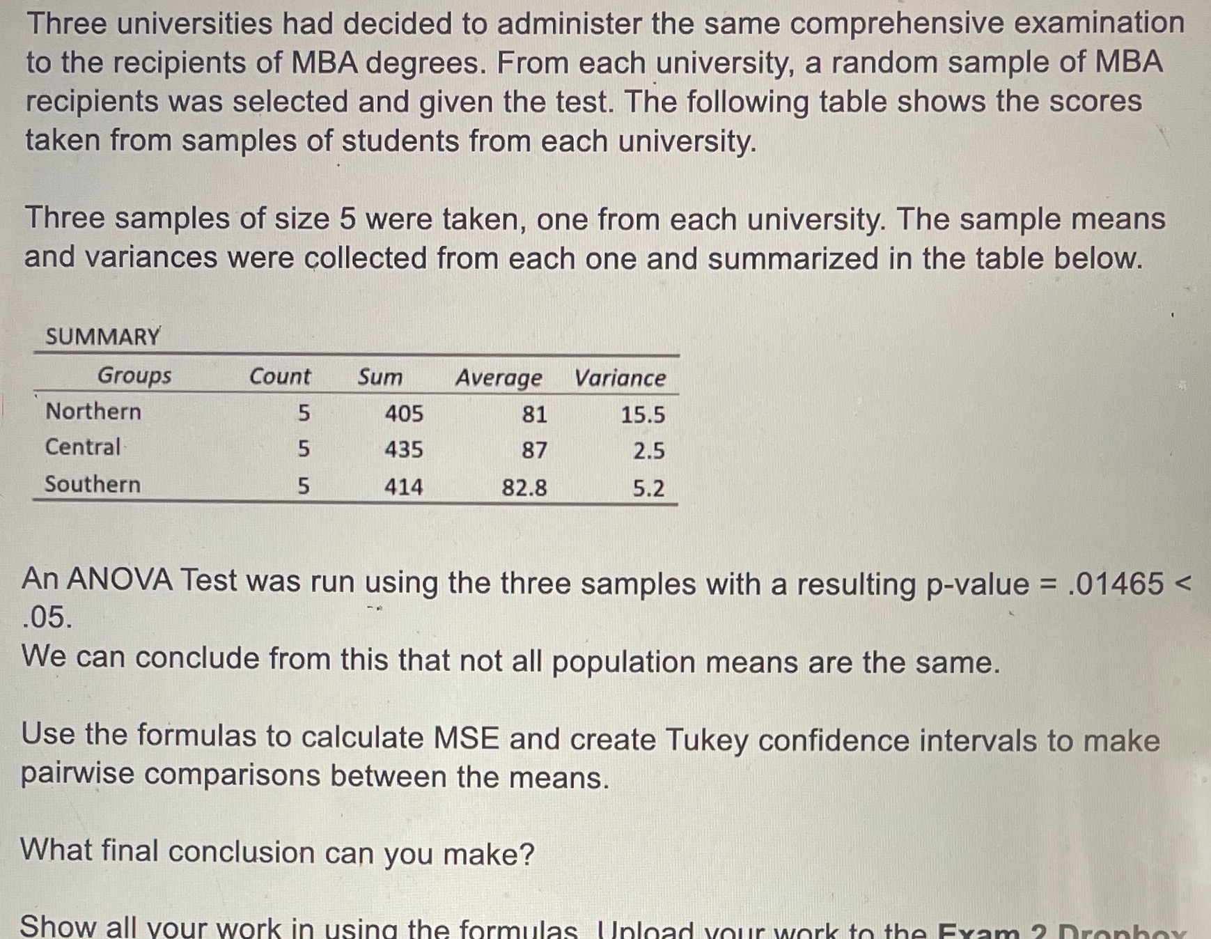  Three universities had decided to administer the same comprehensive examination to