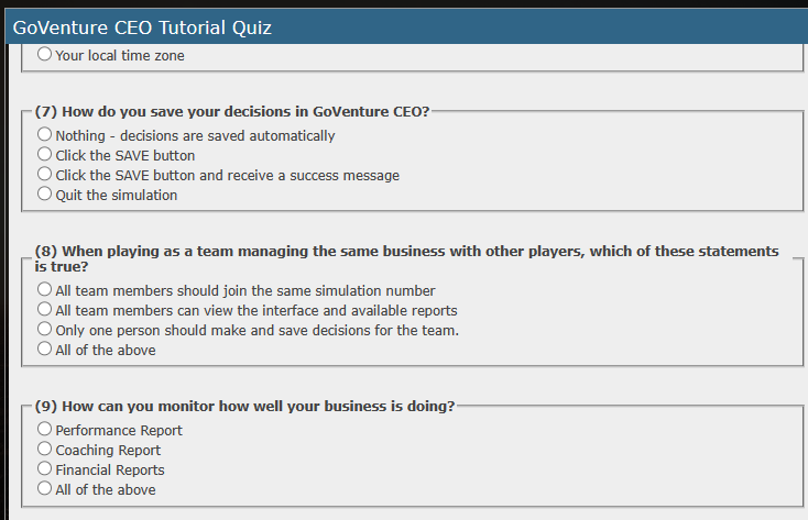  GoVenture CEO Tutorial Quiz O Your local time zone (7) How